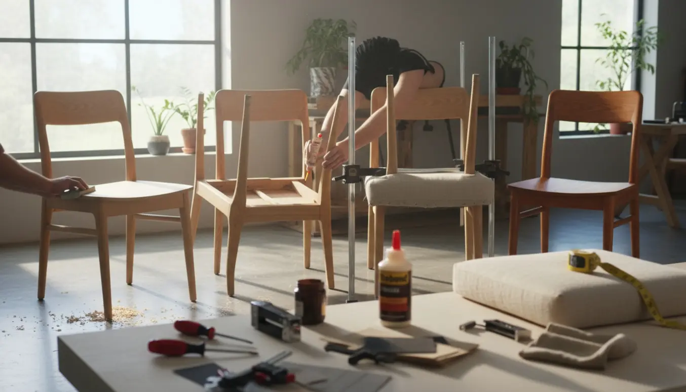 Fem spisebordsstole i forskellige reparationsstadier med hænder og værktøj i et lyst værksted.