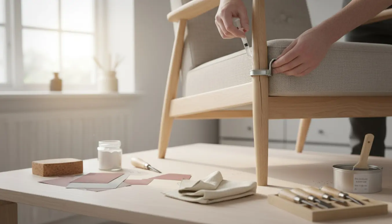 Nærbillede af en Ingrid-lænestol, hvor et revnet træben repareres med epoxy og en metalklampe.