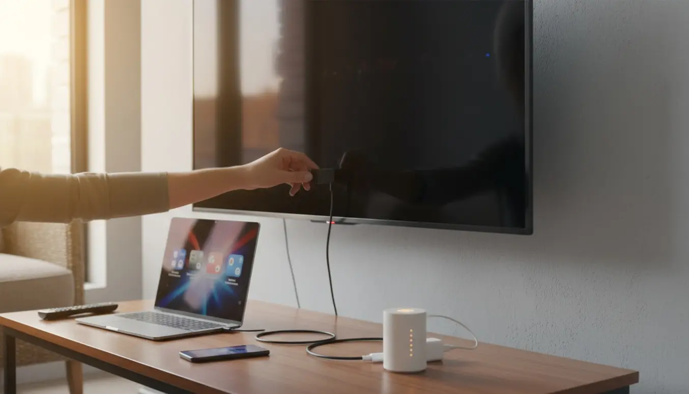 Hænder trækker en HDMI-streamingdongle ud af et tv i en lys stue med smartphone og router på bordet.