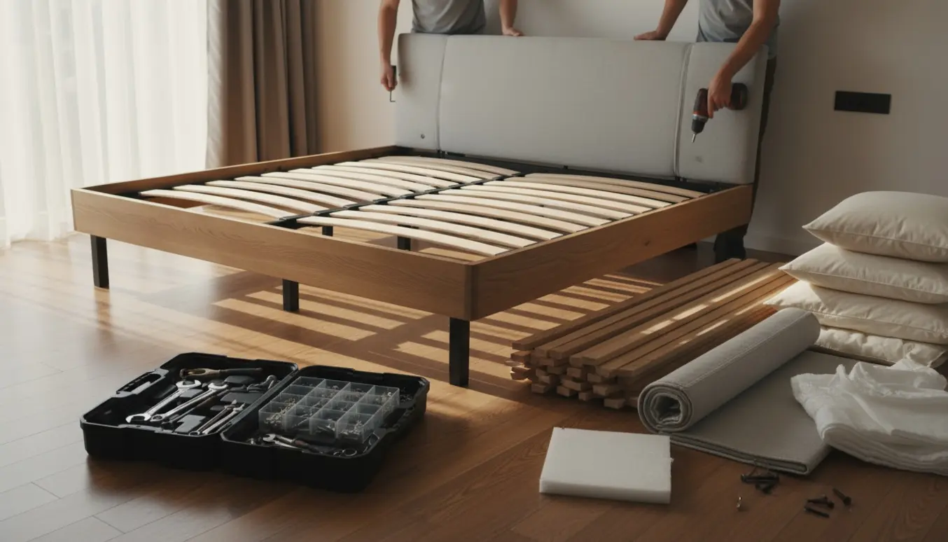 Hænder monterer en stor seng i et lyst soveværelse med værktøj og dele spredt omkring.
