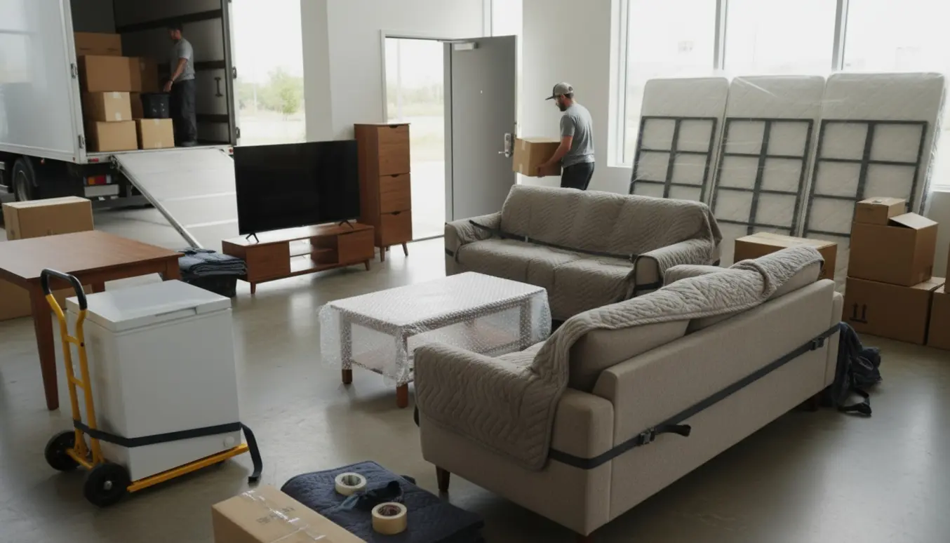 Pakkede møbler og flytteudstyr i en lys lejlighed klar til flytning.
