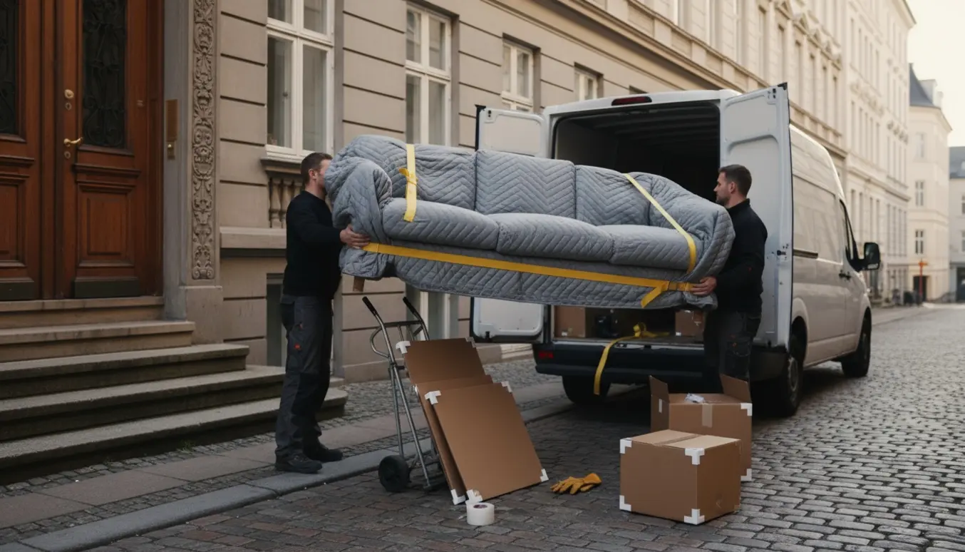 En trepersoners sofa indpakket i flyttefilt løftes og læsses i en anonym flyttevogn på en københavnsk brostensgade.