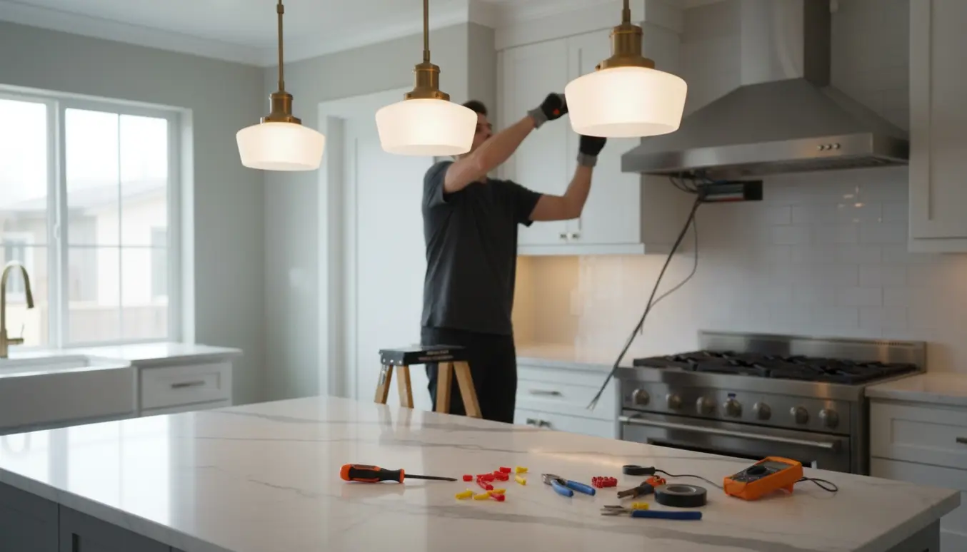Nærbillede af tre pendellamper under installation over et køkken med elektrikerhænder, ovn og emhætte i baggrunden.