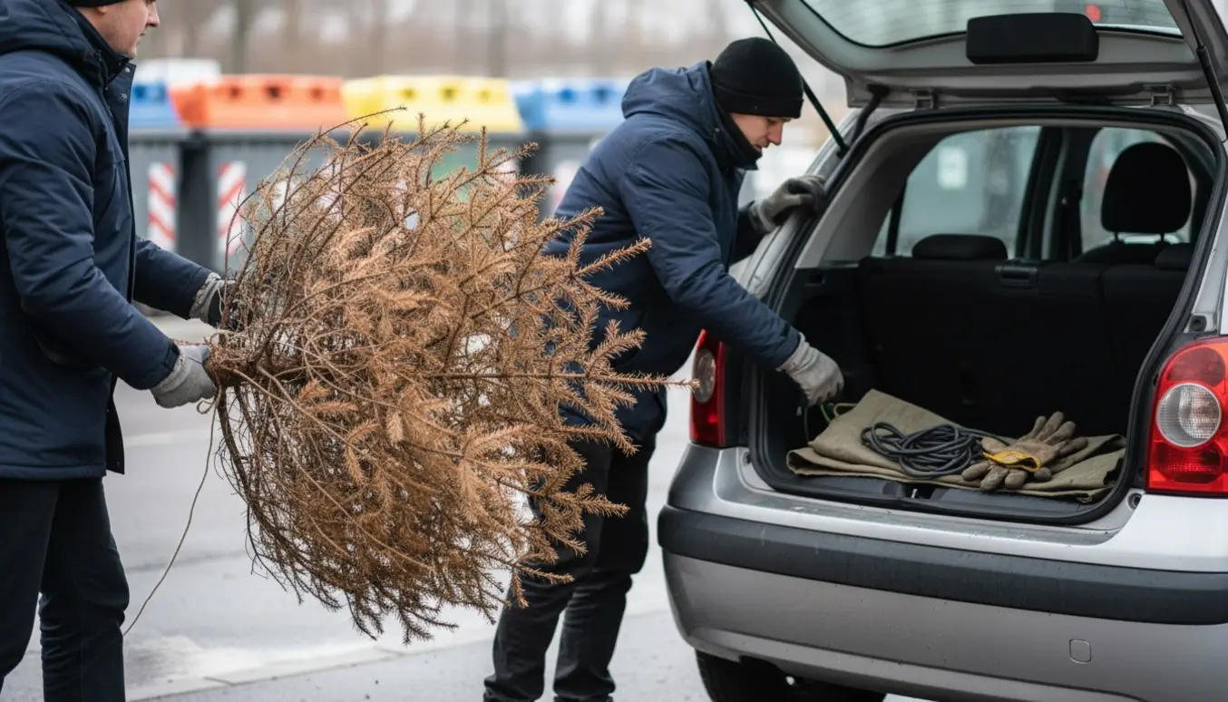 Et gammelt juletræ bliver læsset ind i bagagerummet på en lille bil klar til aflevering på genbrugspladsen.