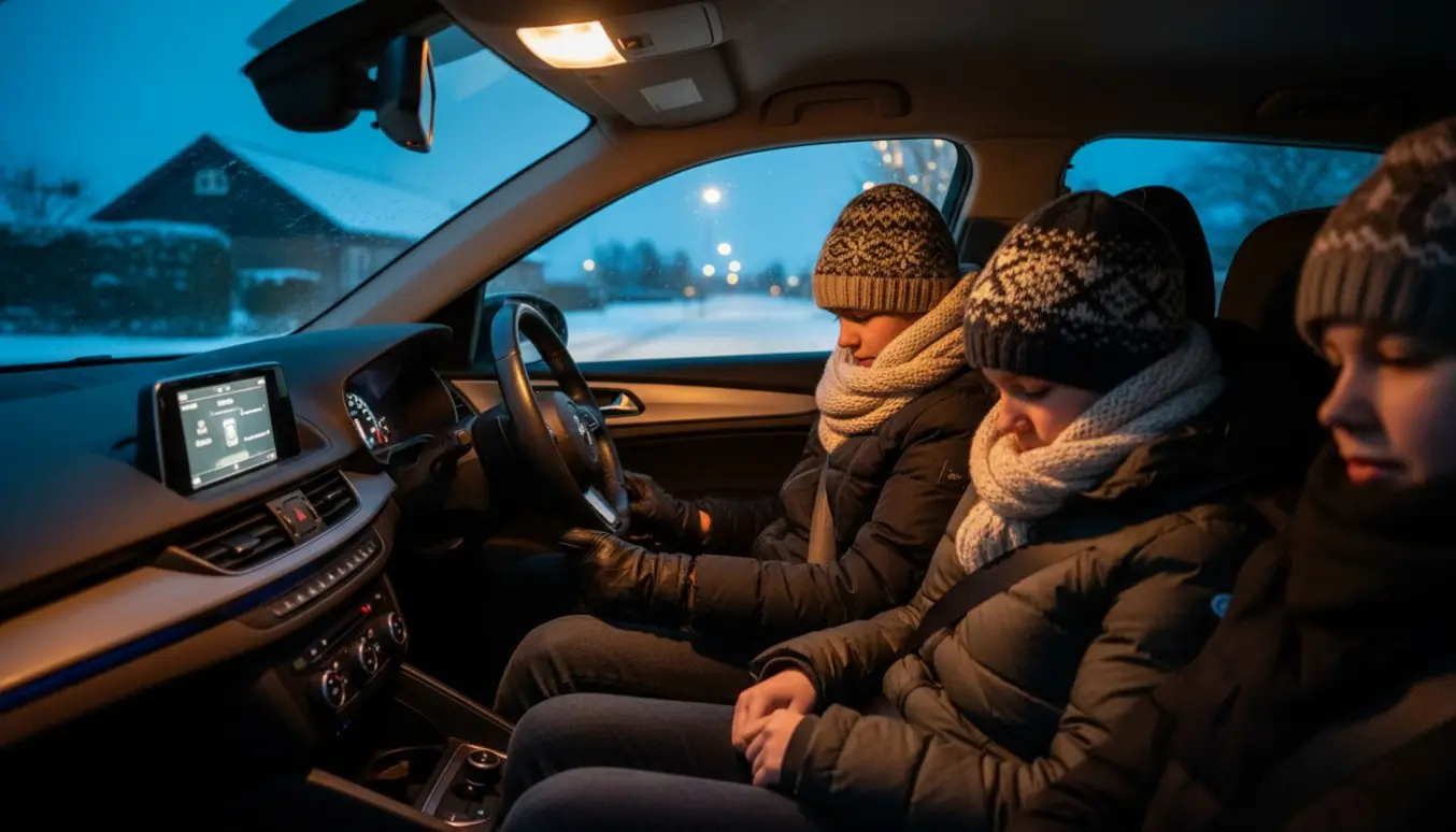 Fire unge spænder sikkerhedsseler i en bil på en dansk nytårsnat med svagt fyrværkeri i baggrunden.