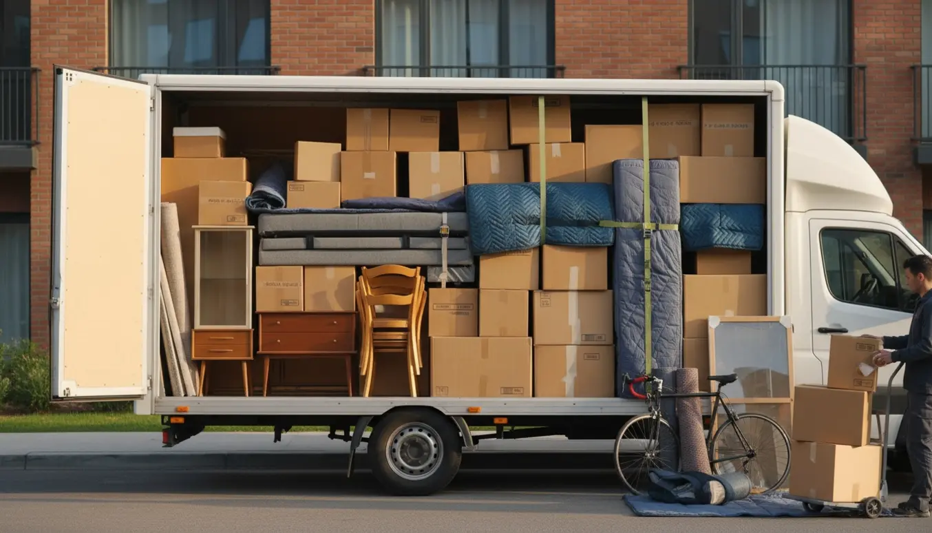 Åben flyttebil med stablede flyttekasser, beskyttede møbler og flytteudstyr i blødt morgenlys.
