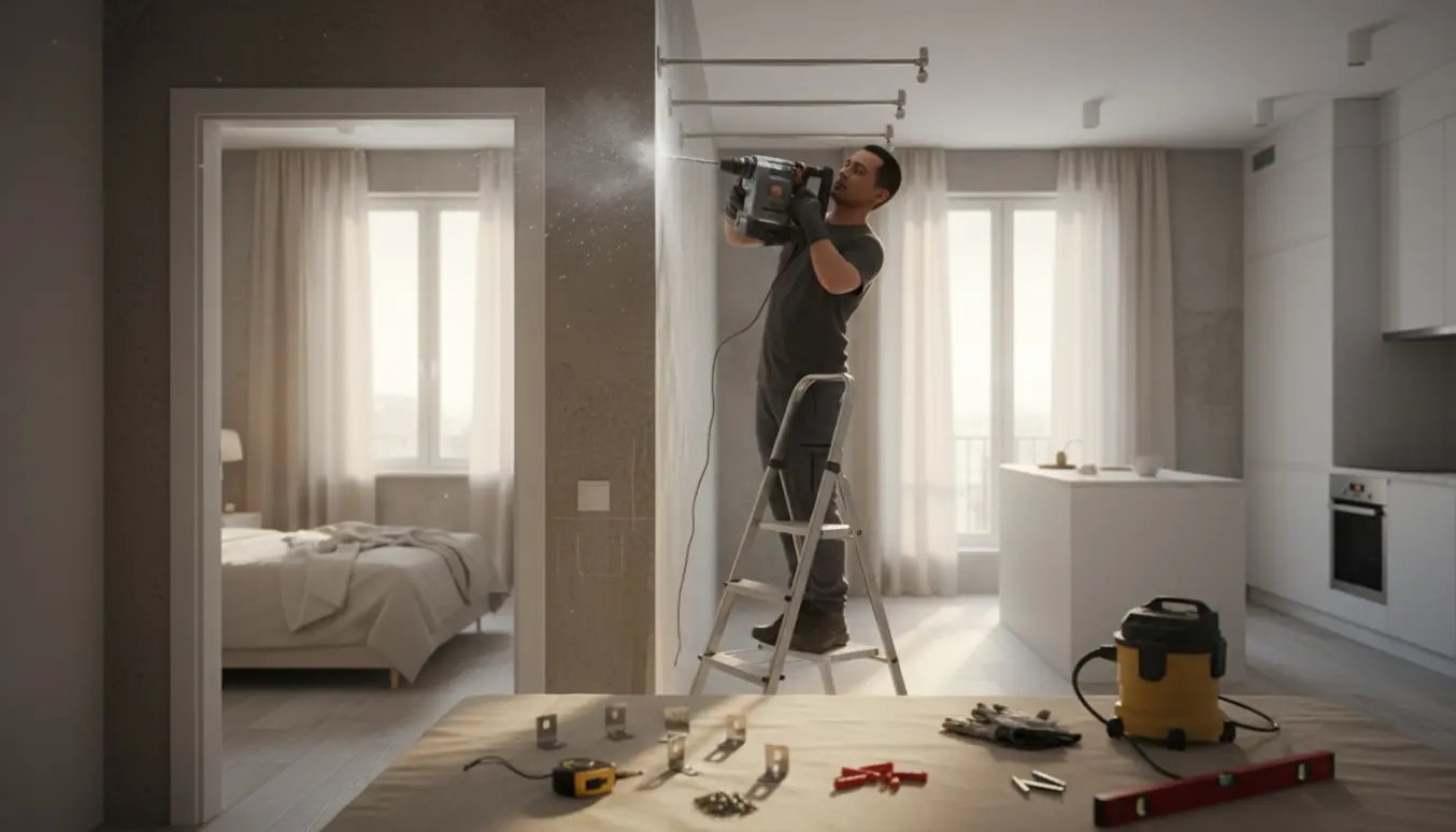 En håndværker på en stige borer i en betonvæg for at montere gardinstænger, med værktøj og delvist hængte gardiner i baggrunden.