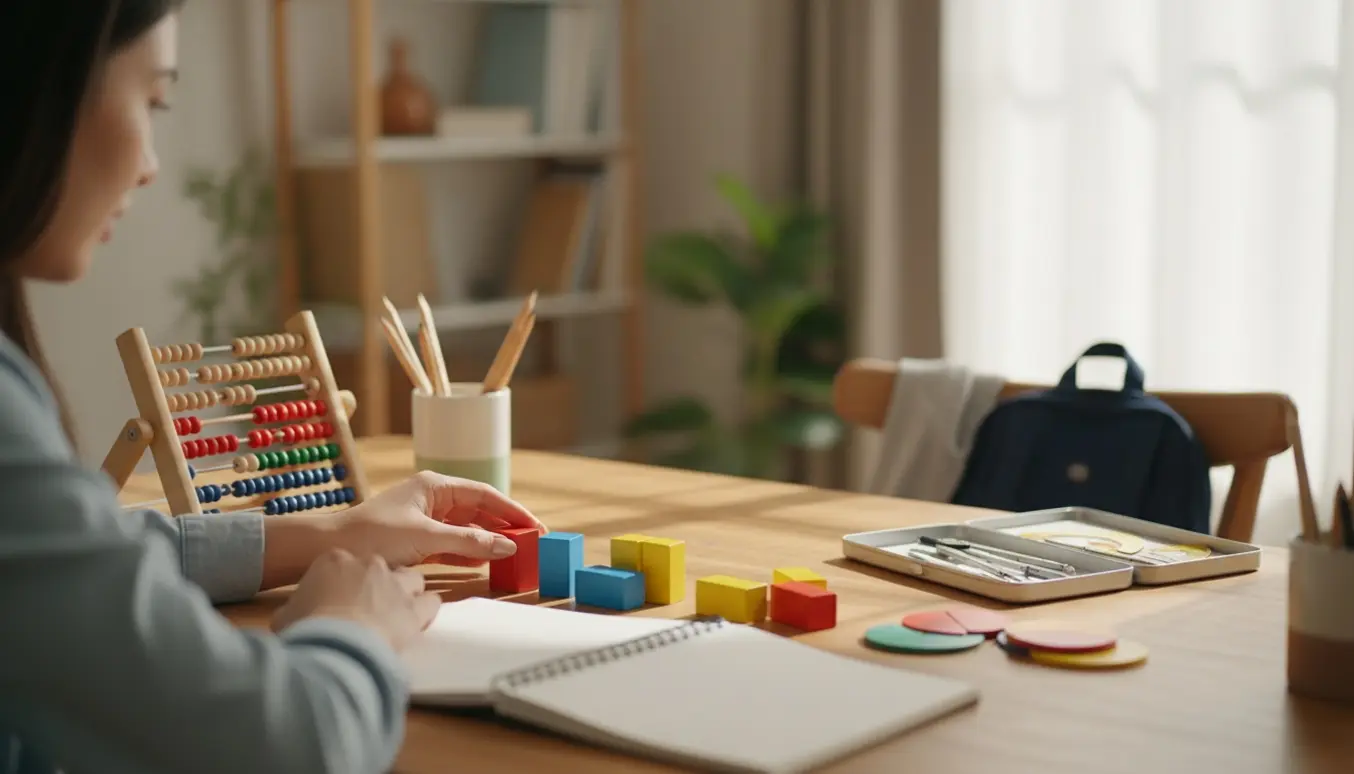 En kvindelig lektiehjælper vejleder et barn ved et skrivebord med farverige matematikmaterialer.