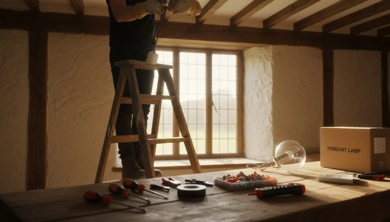Stige og værktøj i et gammelt værksted klar til opsætning af lampe og stikkontakt.