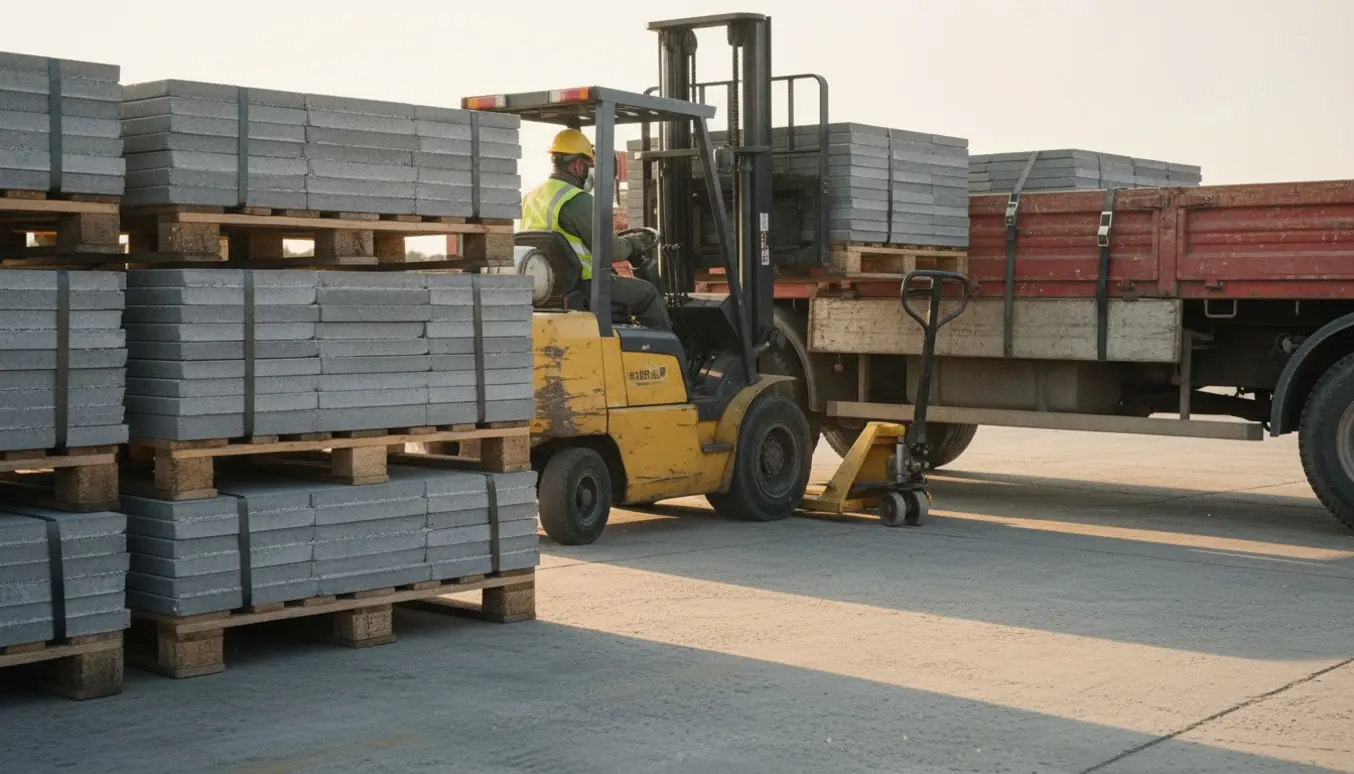 Seks paller med grå eternitplader på en læsseplads, klar til at blive læsset af en truckfører set bagfra.