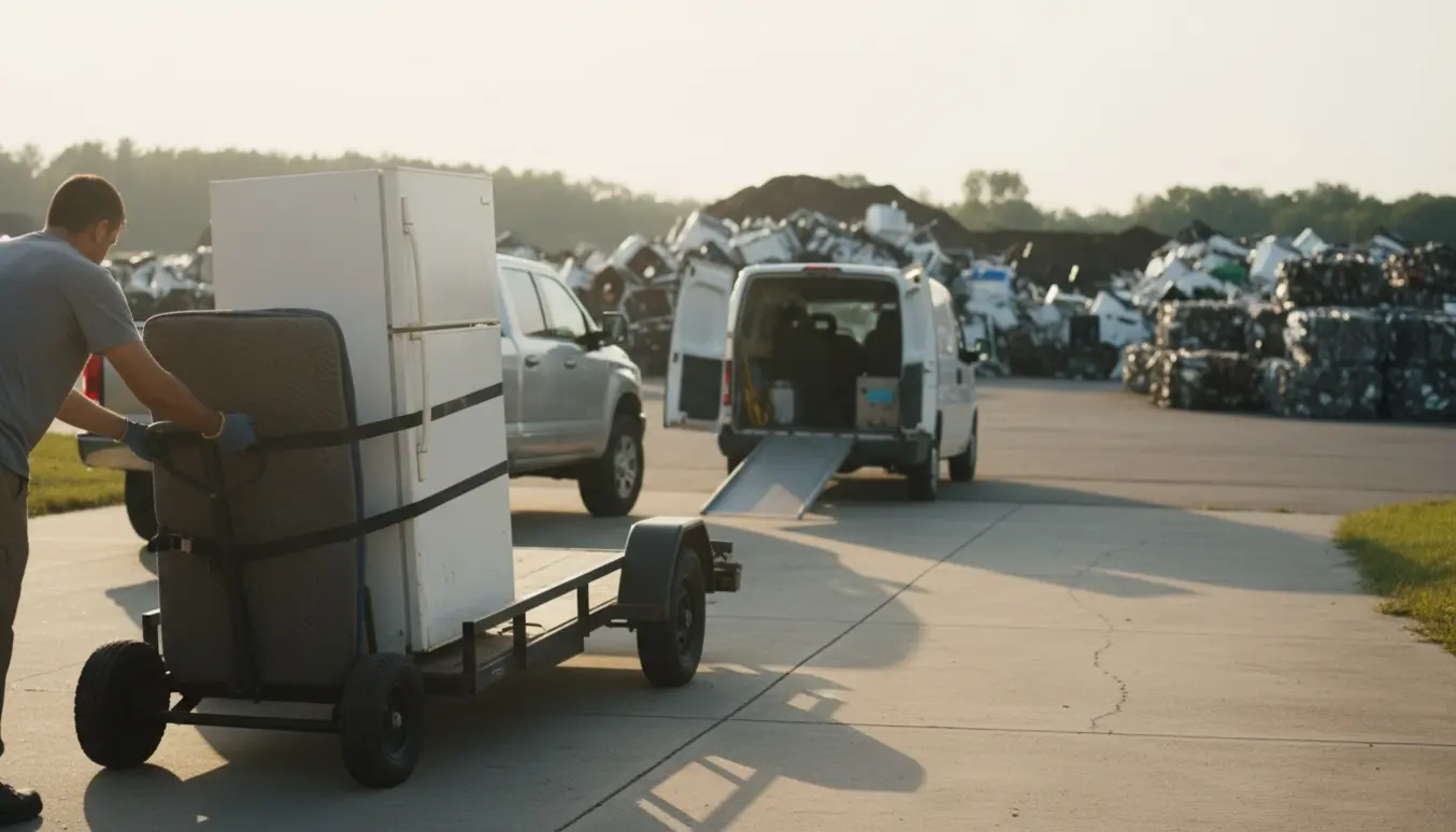 Et køleskab på en flyttevogn ved en pickup på en indkørsel, klar til kørsel til lossepladsen.