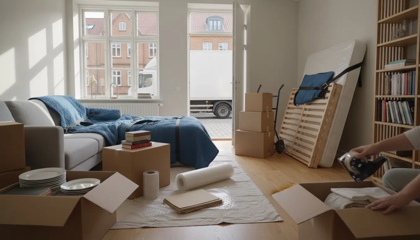Stue med stakke flyttekasser, indpakkede møbler og hænder, der lukker en kasse.