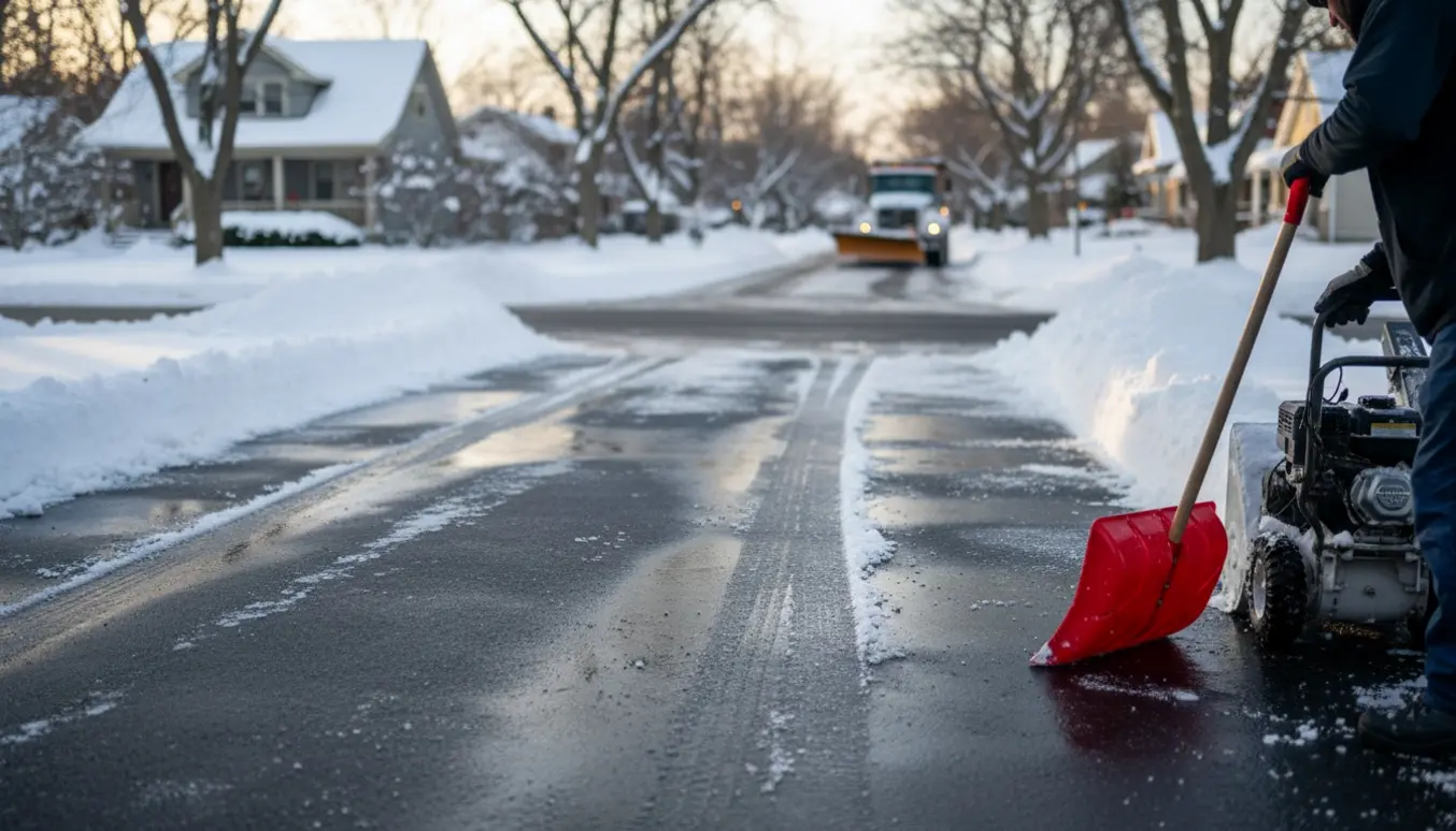 Ryddet indkørsel og vej i klart vinters eftermiddagsslys med en sneskovl og sneslynge ved en bunke sne.