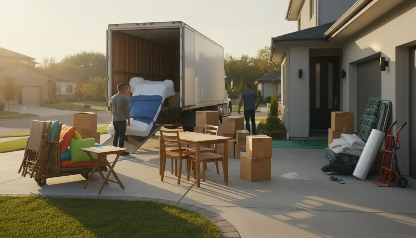 Flyttefolk læsser møbler og havemøbler ind i en åben flyttevogn foran et hus, uden tydelige ansigter.