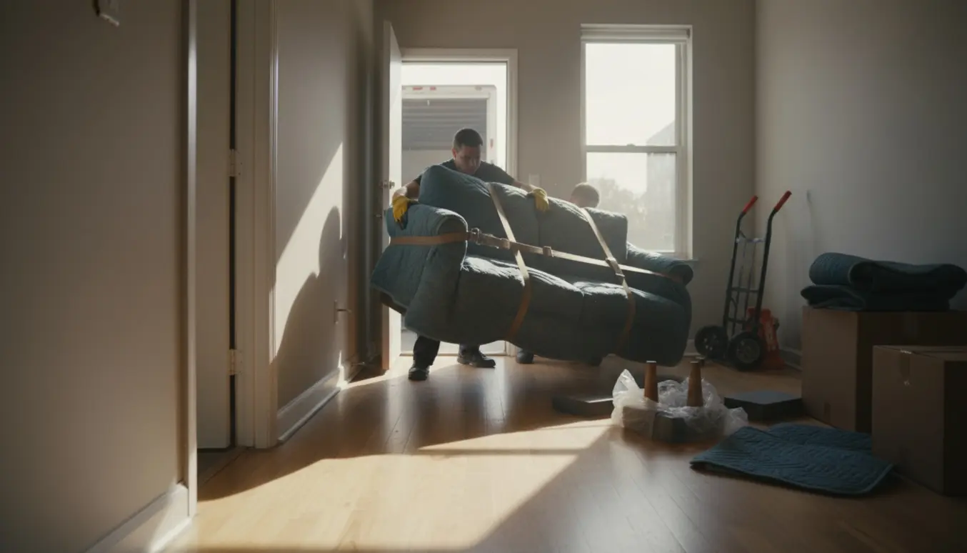 To flyttemænd manøvrerer en ekstra lang sofa gennem en smal døråbning.