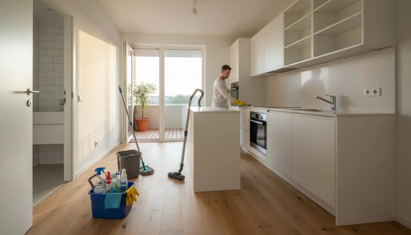 Udflytterrengøring i en tom lejlighed med rengøringsvogn og handsker, der pudser køkkenbordet.