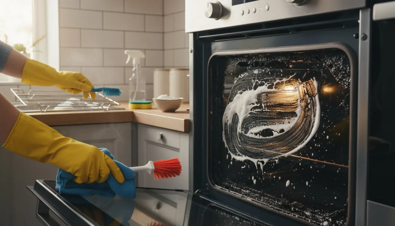 Nærbillede af et åbent ovnrum med sorte fedtpletter, hænder i gummihandsker der skrubber med klud og børste.