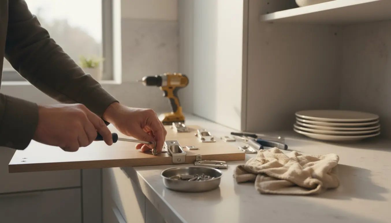 Hænder monterer et nyt hængsel på en køkkenskabslåge med værktøj på køkkenbordet.
