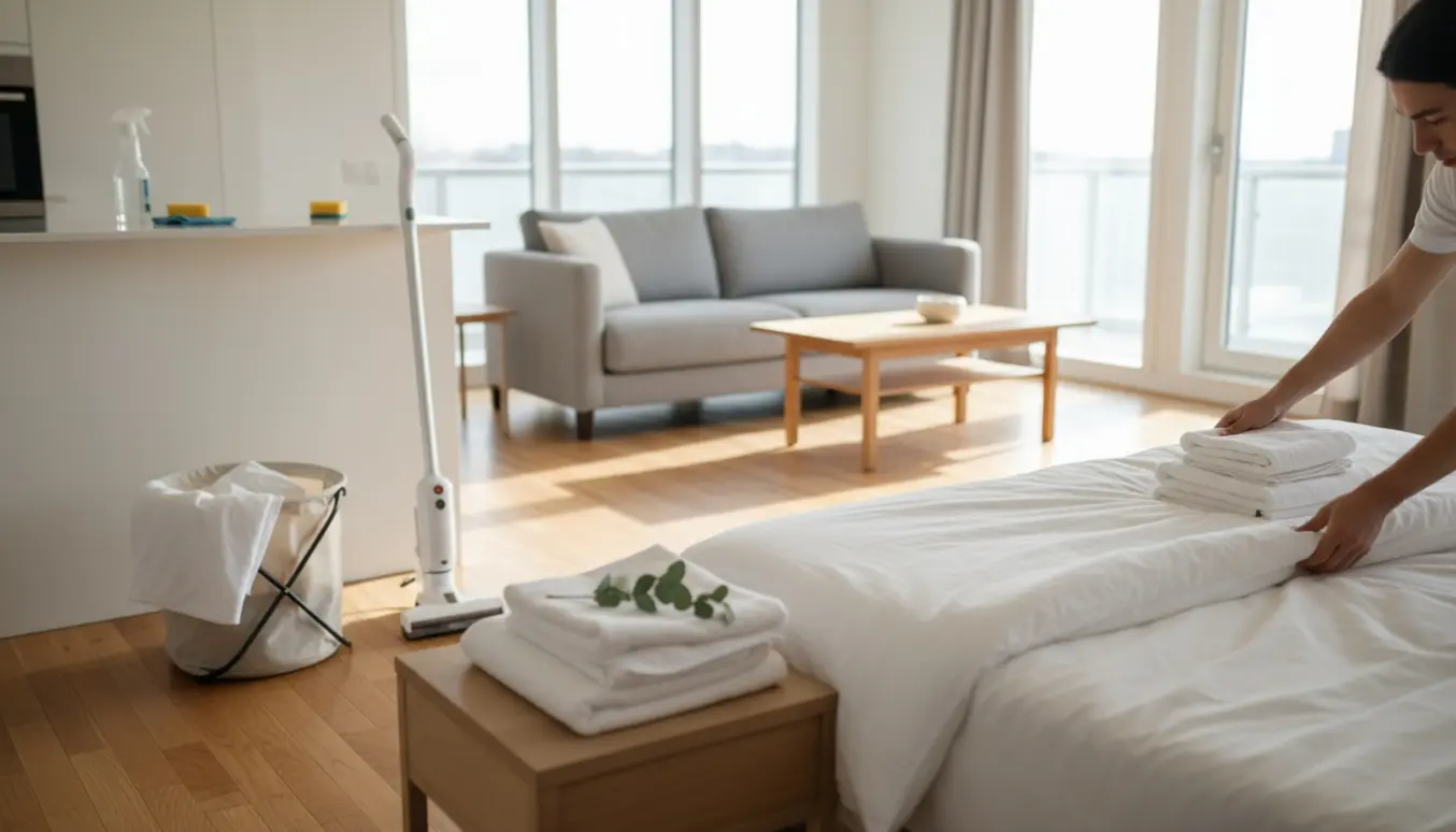 Soloplyst Airbnb-lejlighed med nyslået seng, friske håndklæder og rengøringsudstyr klar til gæster.