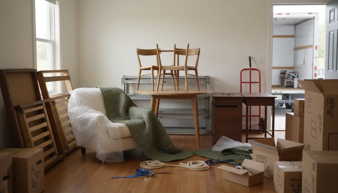 Et stueinteriør midt i en flytning med møbler, indpakkede møbler og mange flyttekasser ved en åben dør til en flyttevogn.