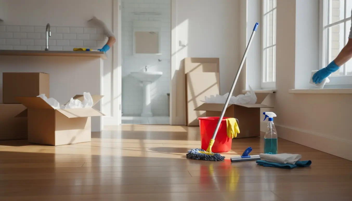 Flytterengøring i en lys treværelses lejlighed med kasser, moppede gulve og rengøringsudstyr.