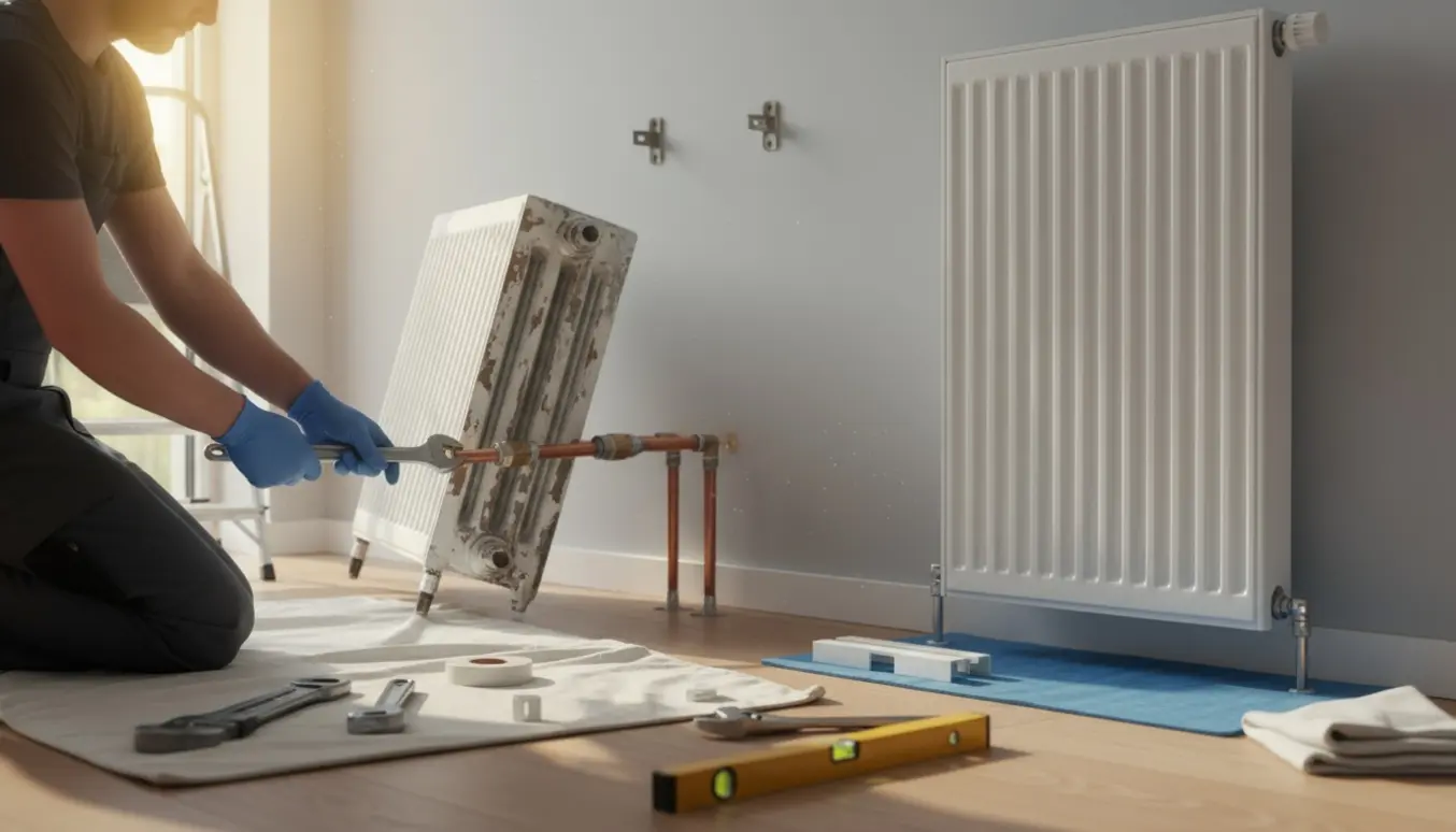 Håndværker udskifter en gammel radiator med en ny hvid dobbelpanel-radiator i et lyst rum.