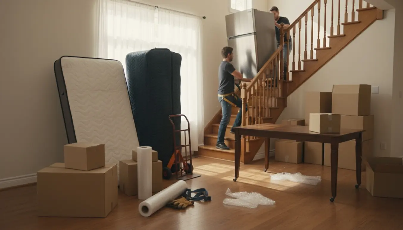 Flytning i hjemmet med flyttere, indpakkede møbler og et køleskab, der løftes op ad trappen til anden sal.