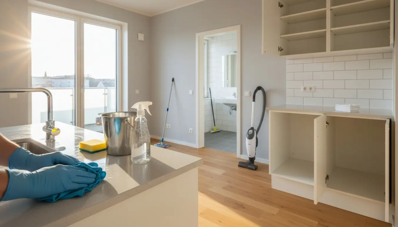 Fraflytningsrengøring i en lys, tom 65 m² lejlighed med rengøringsredskaber og skinnende overflader.