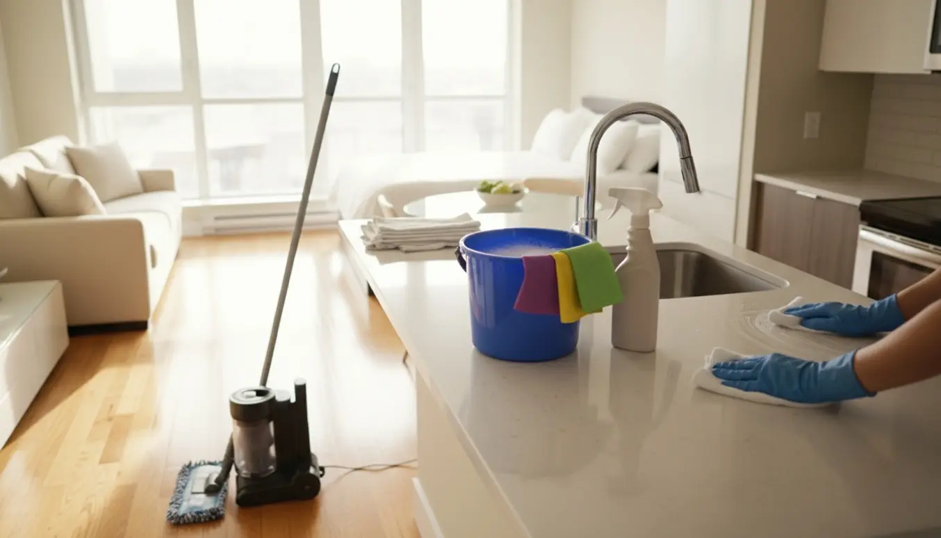 Nyligt slutrengjort lejlighed i varmt dagslys med rengøringsudstyr og skinnende overflader.