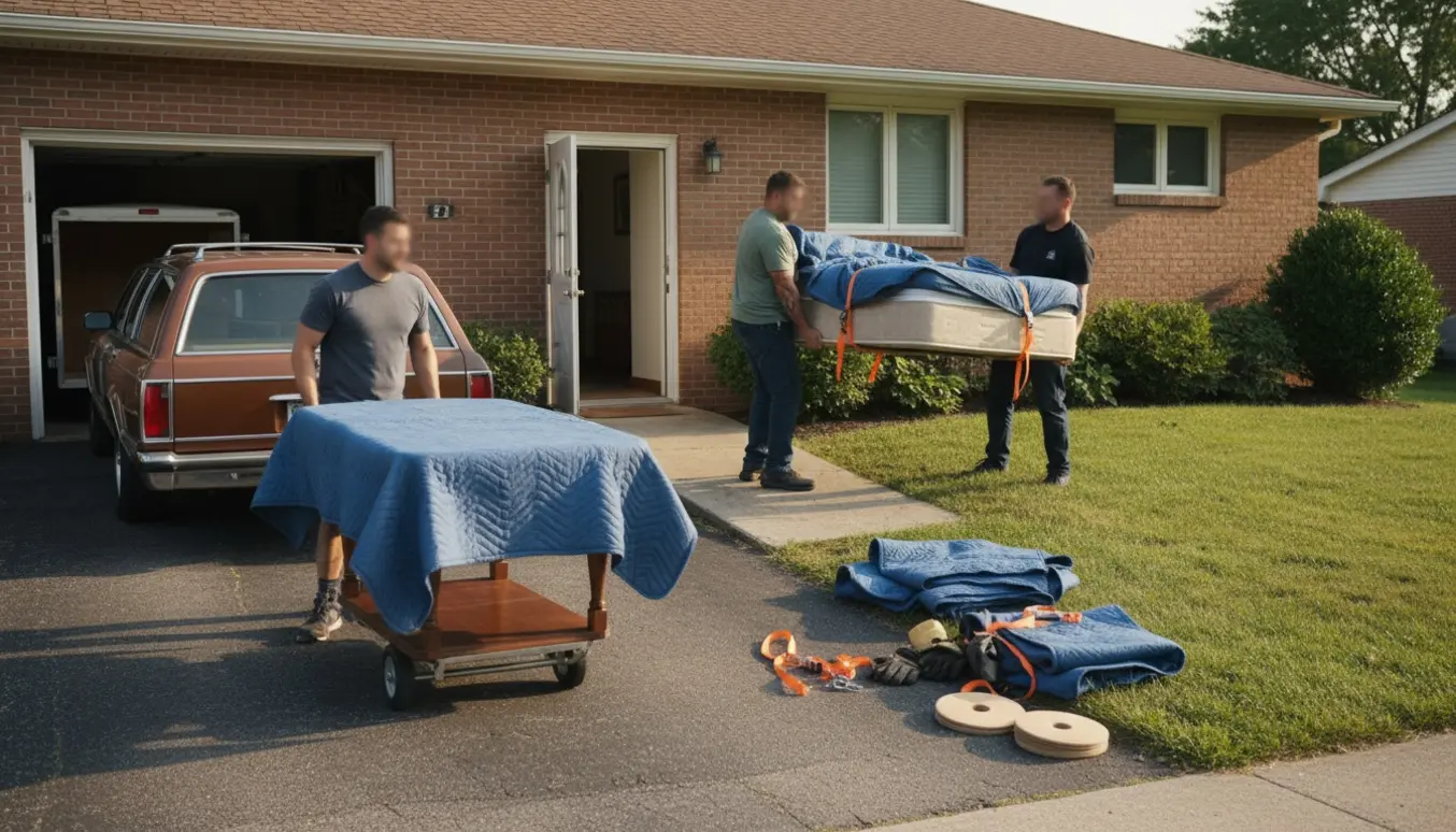 Flyttefolk transporterer en dobbeltseng og et spisebord til underetagen via trailer og dolly på en solrig eftermiddag.