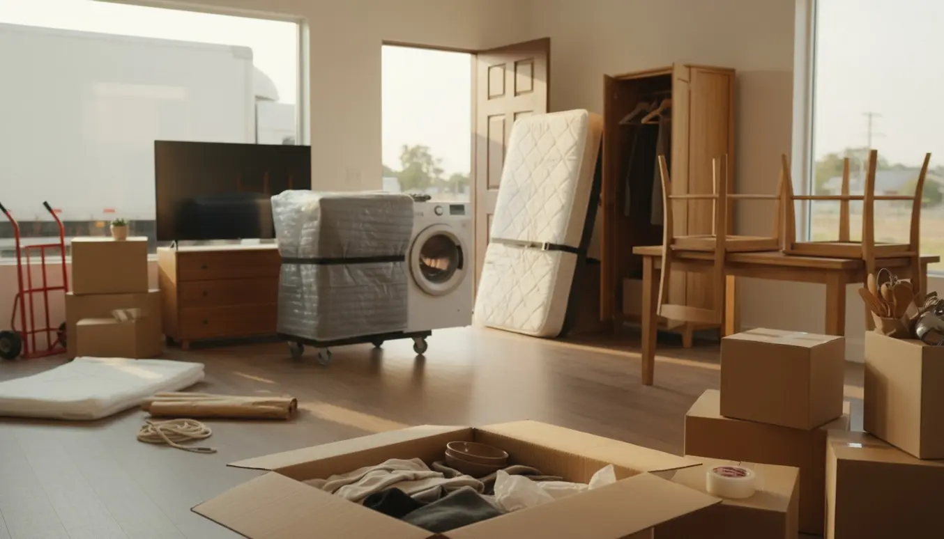 Uindpakkede møbler og flyttekasser i en lys stue klar til flytning.