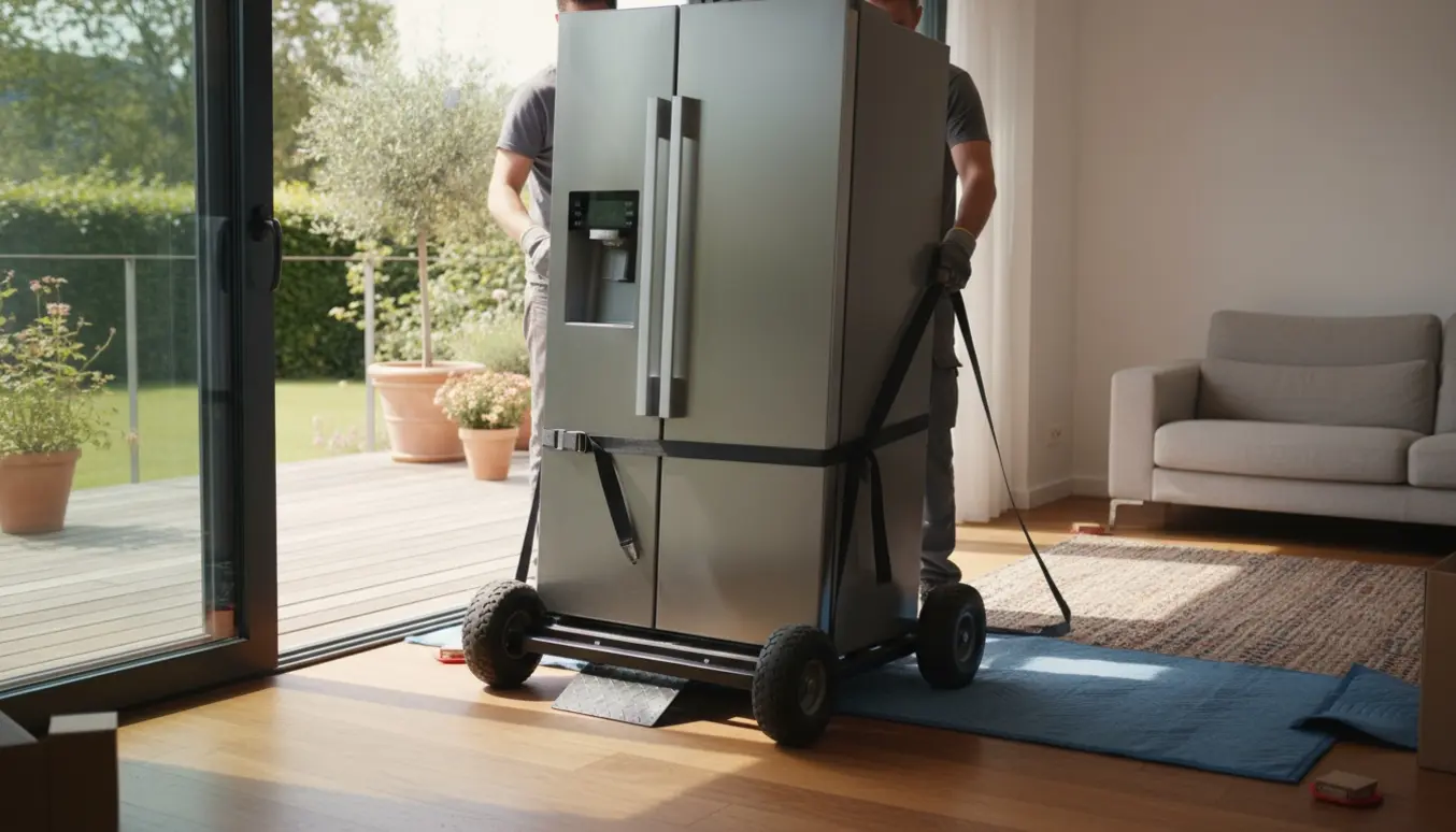 Køle/fryseskab på flyttedolly føres fra terrasse gennem glasdør ind i stuen med flyttetæpper og handsker synlige.