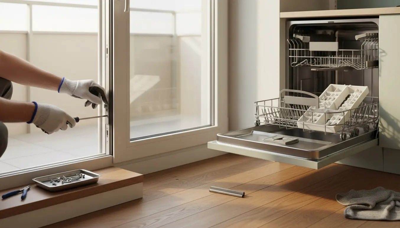 Nærbillede af hænder, der skruer et håndtag på en altandør og en åben opvaskemaskine med afmonteret bestikbakke.