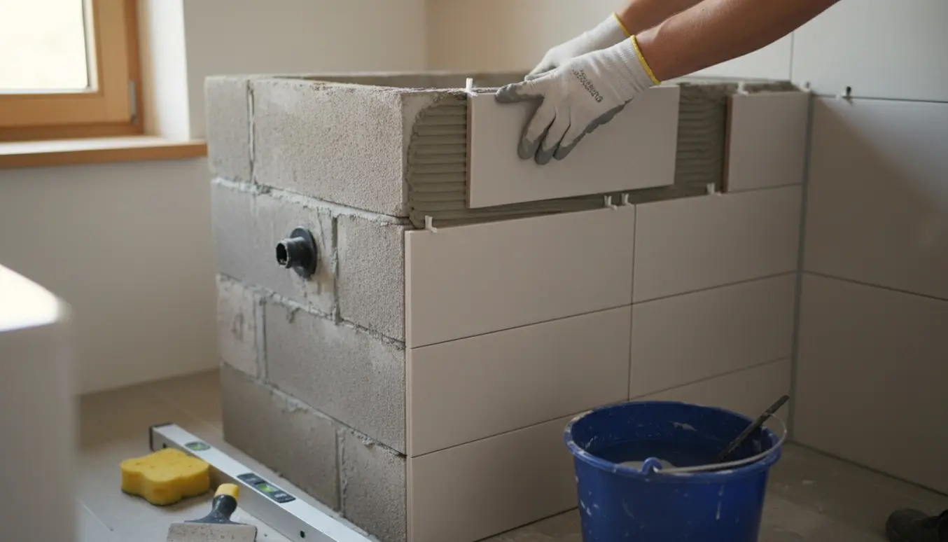 Nærbillede af hænder, der sætter fliser på en muret 2 m² kasse til væghængt toilet.