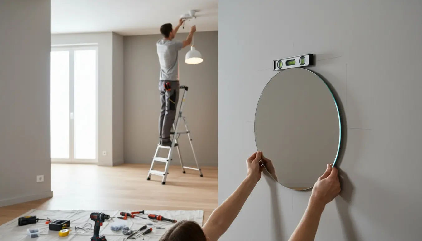 Rundt 60 cm spejl hænges op på væg, mens en loftslampe udskiftes med værktøj og trinladder synligt.
