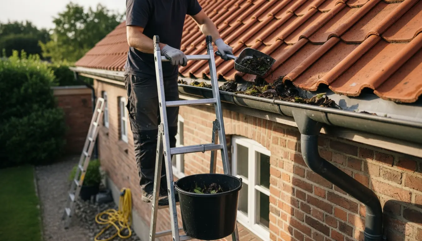En arbejder på stige renser tagrenden på en murstensvilla med en spand til blade.