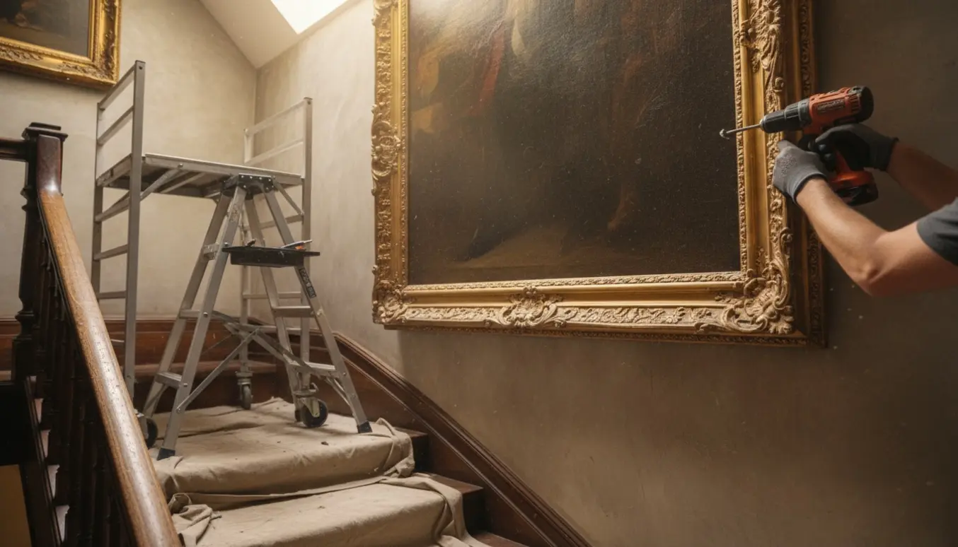 Stort maleri over en trappe løsnes fra de fire hjørneskruer med en stige og værktøj, ansigt ikke synligt.