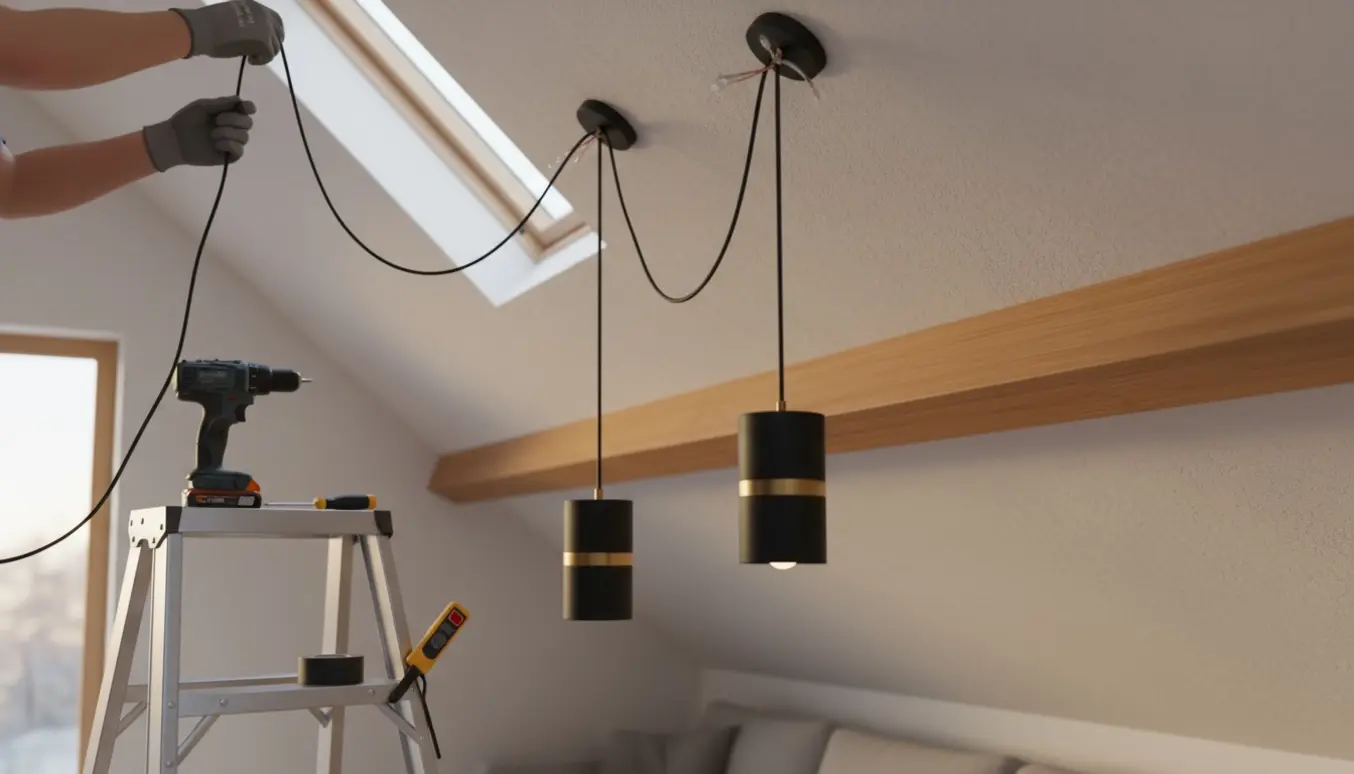 Hænder monterer to pendellamper i et skråt loft, den ene hænger lavere.
