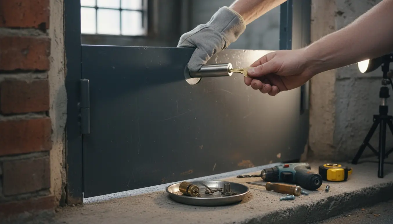 Nærbillede af montering af ny cylinderlås i en kælderdør med nøgler og værktøj.