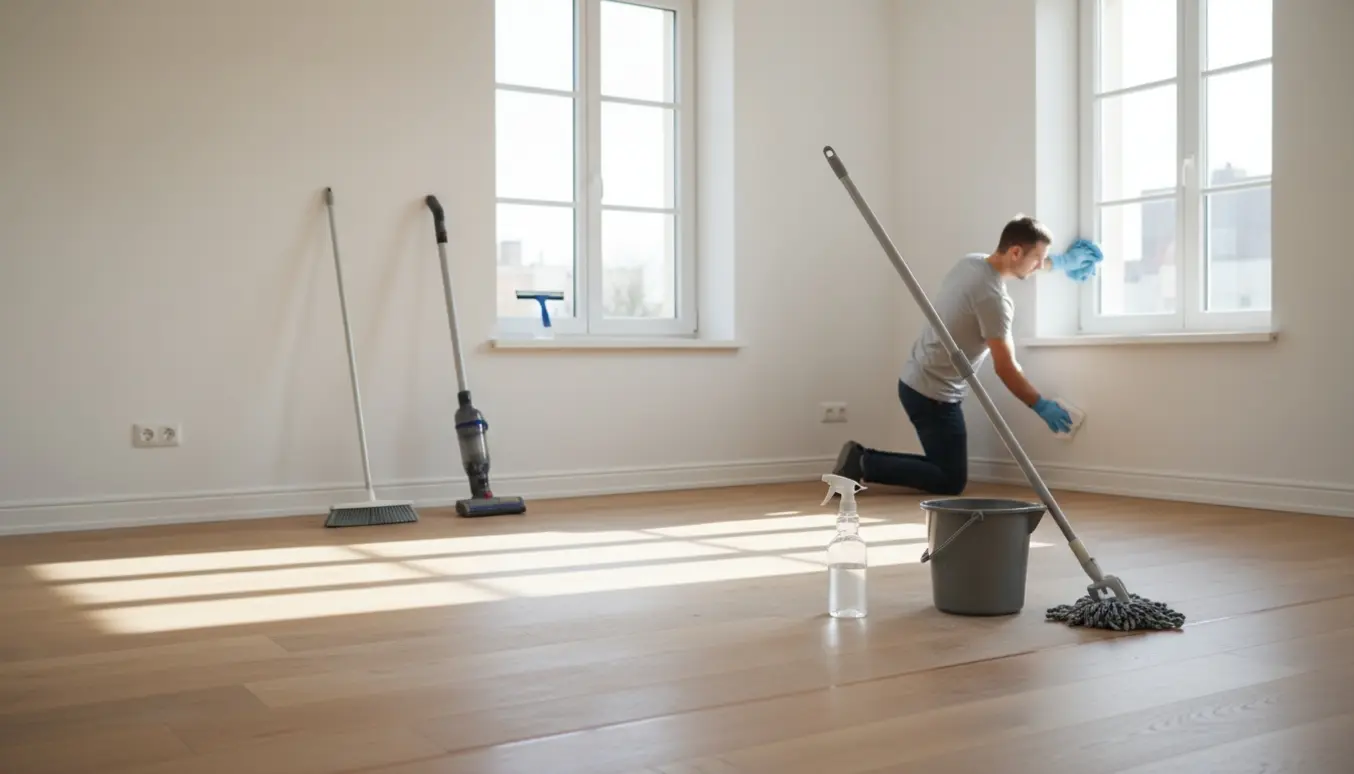 Et tomt nymalet hjem bliver rengjort med moppe, klud og vinduesskraber, mens skinner og gulv poleres.