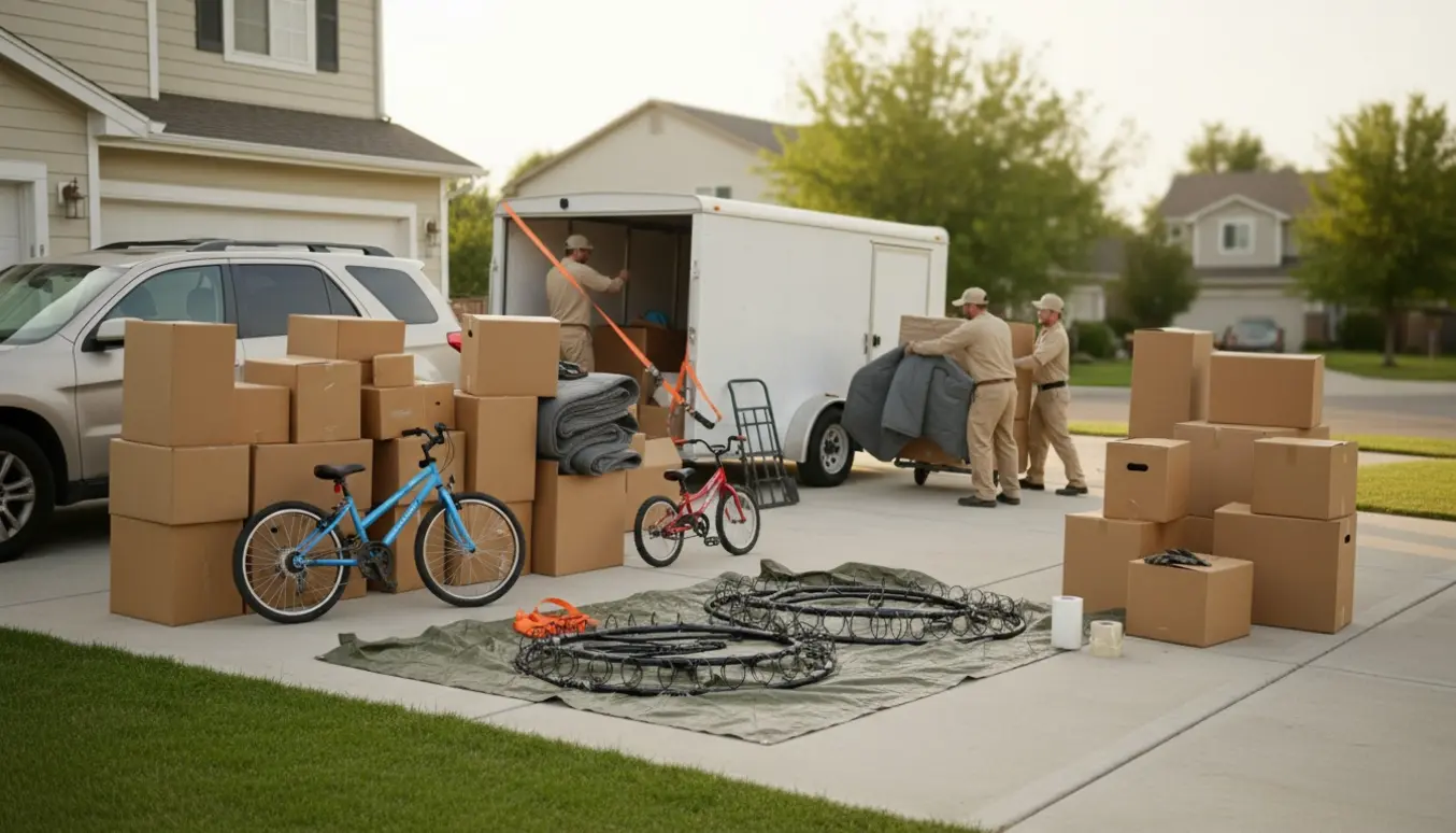 Flyttemænd læsser cykler, flyttekasser og trampolindele ind i en lukket trailer på indkørslen.