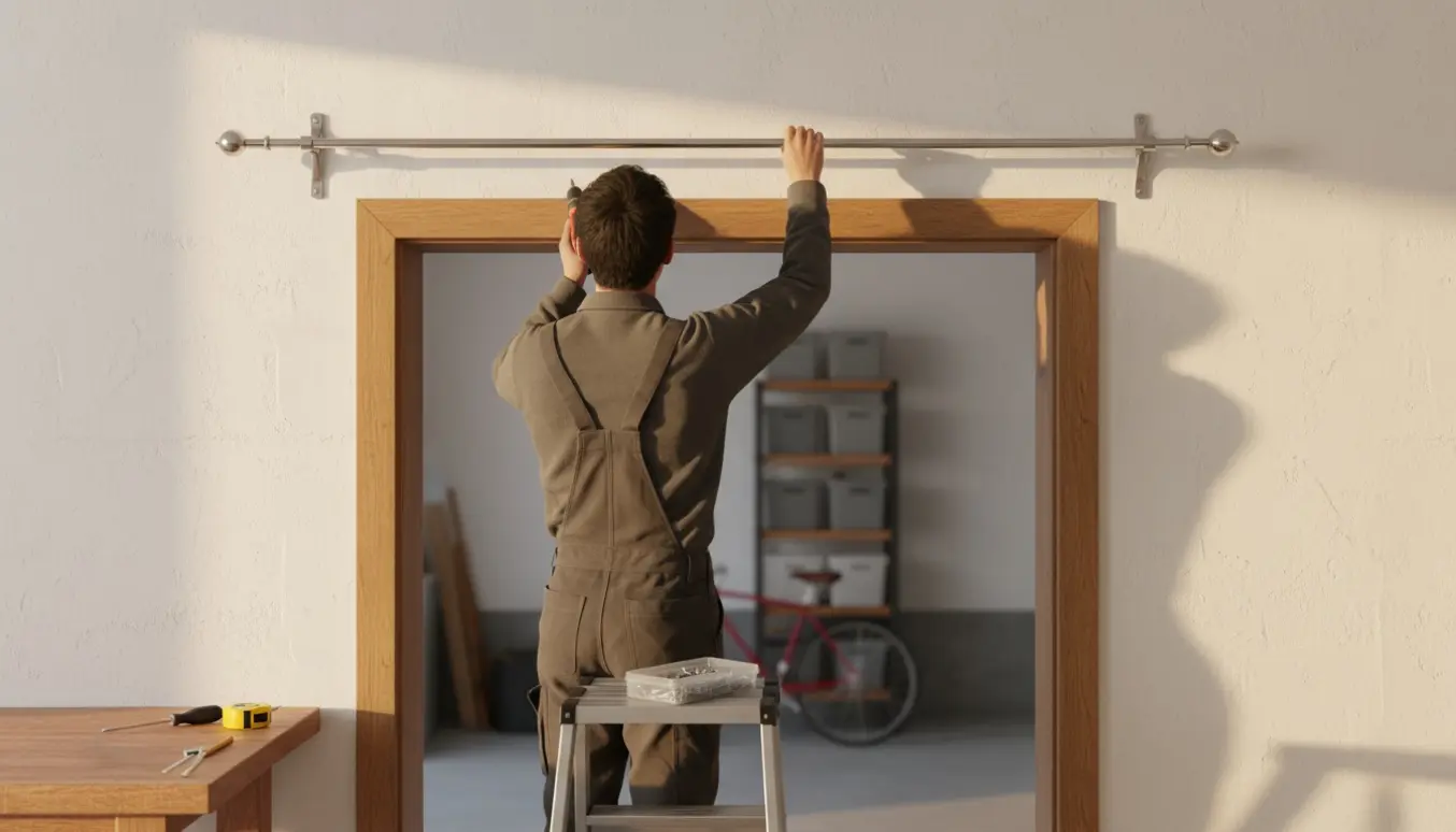 Person monterer gardinstang over døråbning mod garage med to beslag og værktøj synlige.