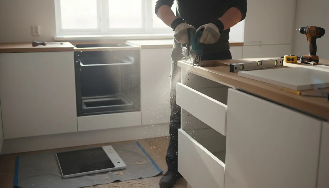 Hænder saver hul i køkkenbordpladen til nyt komfur, med udtagne skuffer og værktøj klar.