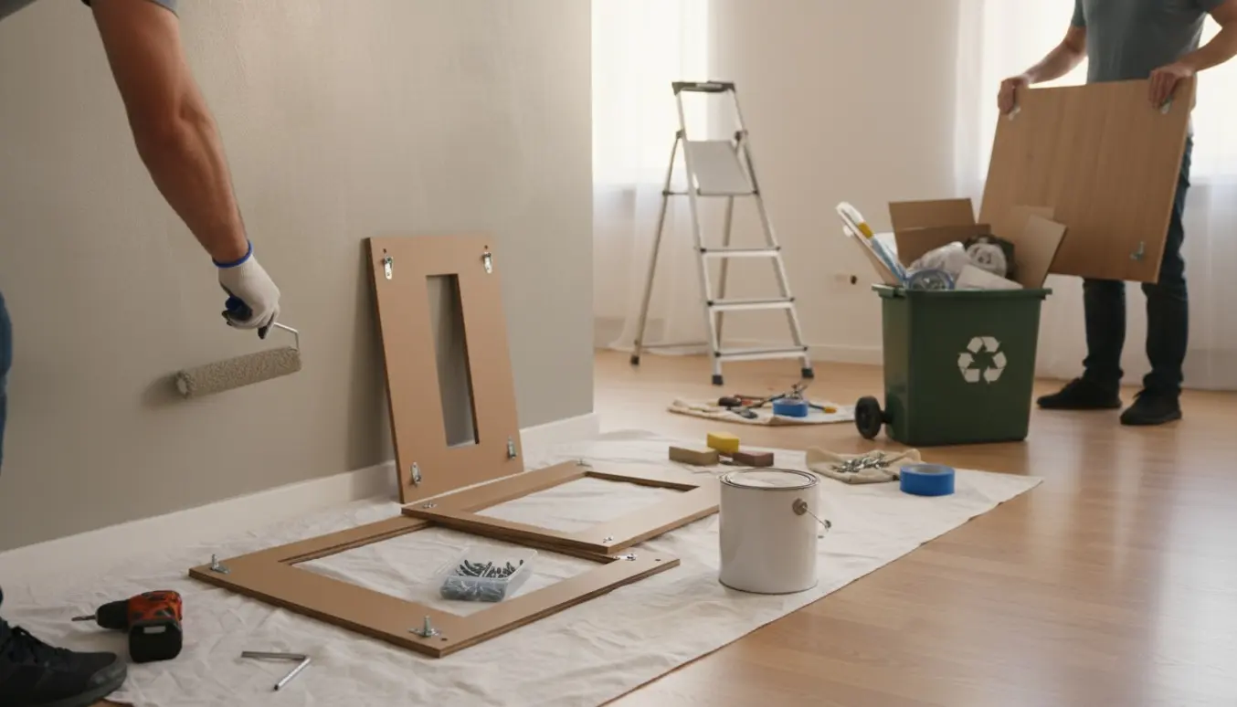 Hænder maler en væg, delvist samlet flat-pack-møbel og genbrugsmaterialer i en solbeskinnet stue.