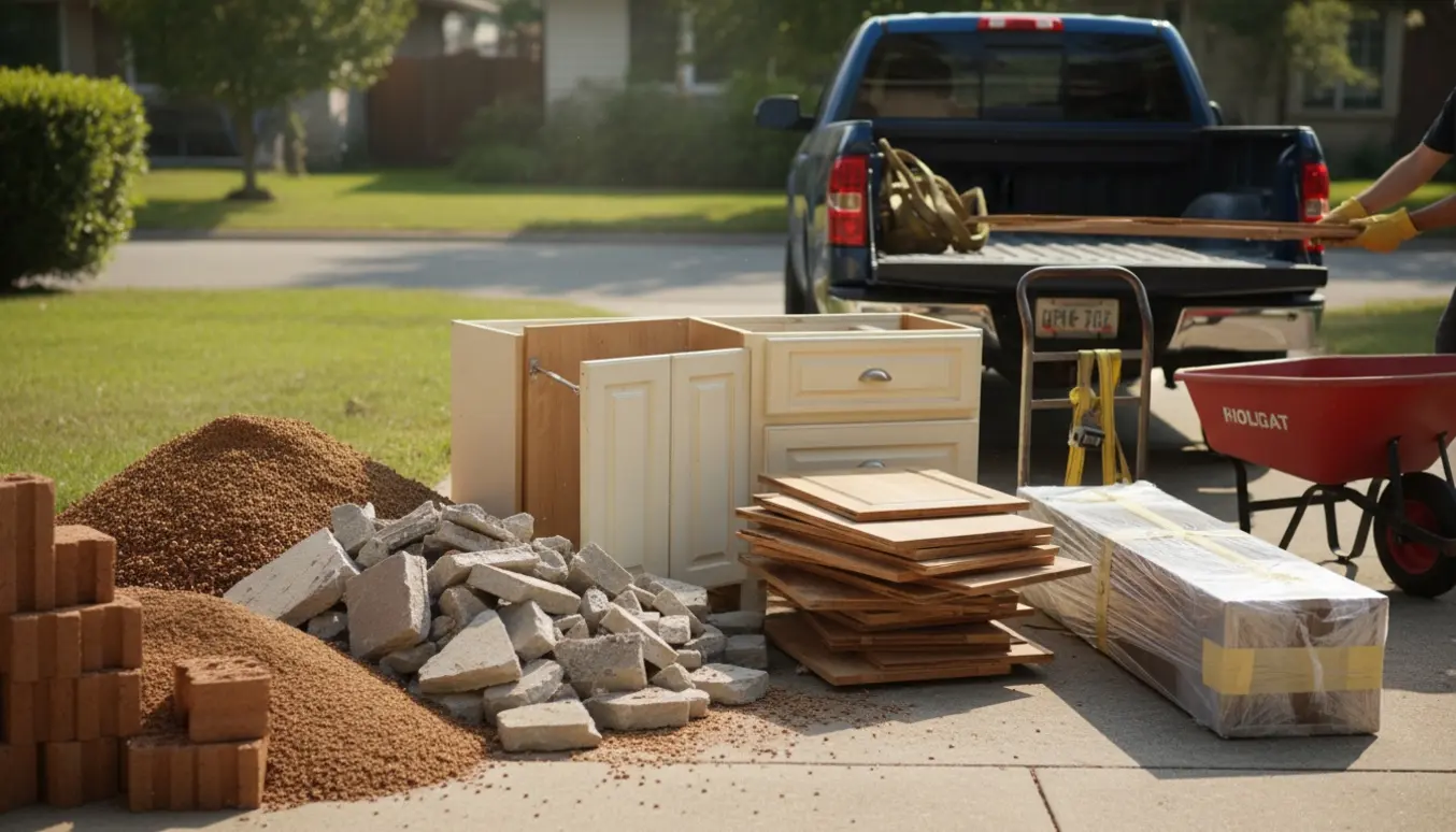 Bunker af lecabeton, betonstumper og stablede trægulvsbrædder samt køkkenelementer ved indkørsel klar til afhentning.