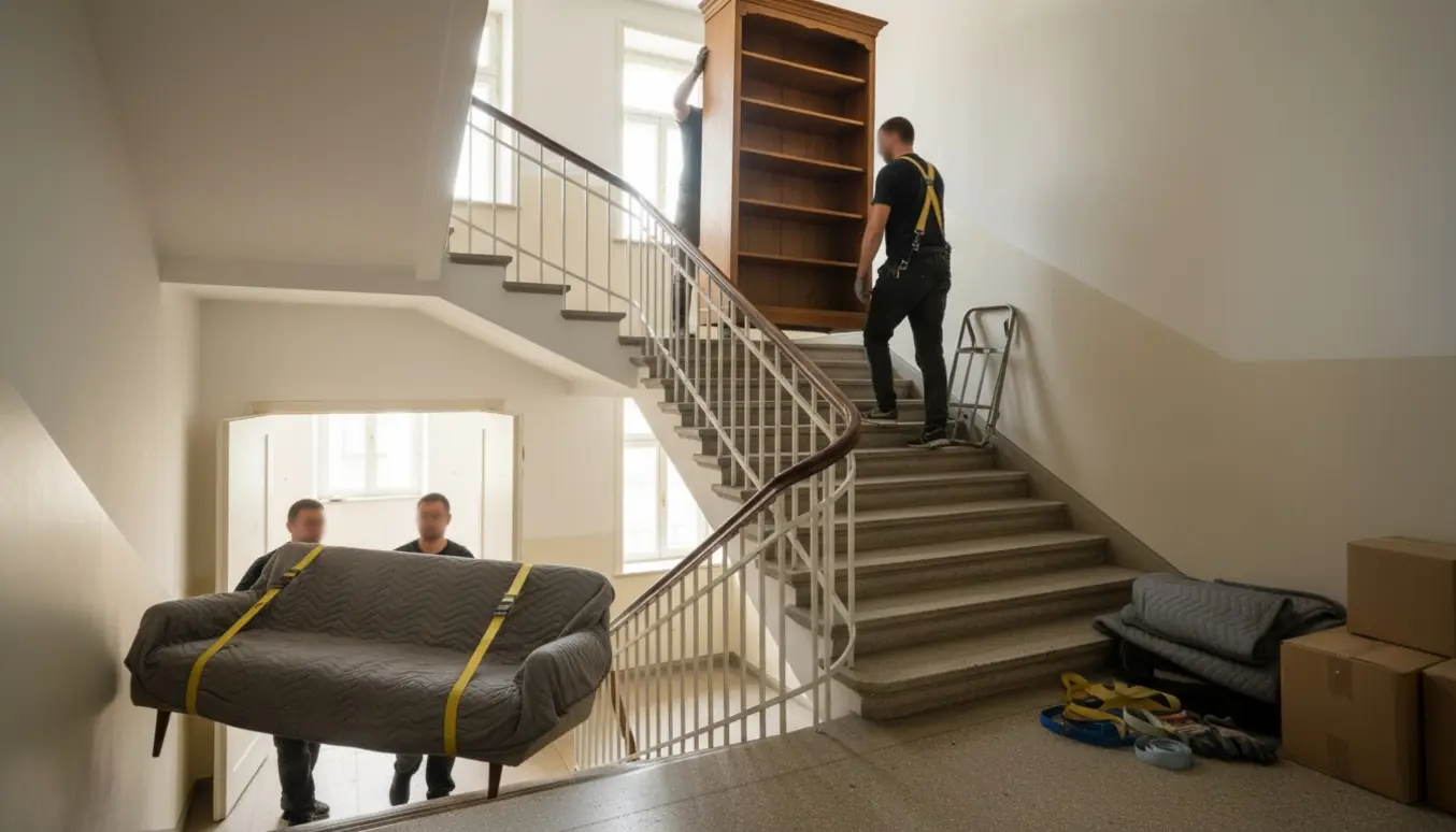 Legeløs sofa bringes ind på 3. sal, mens en reol bæres op ad trappen mod 4. sal.