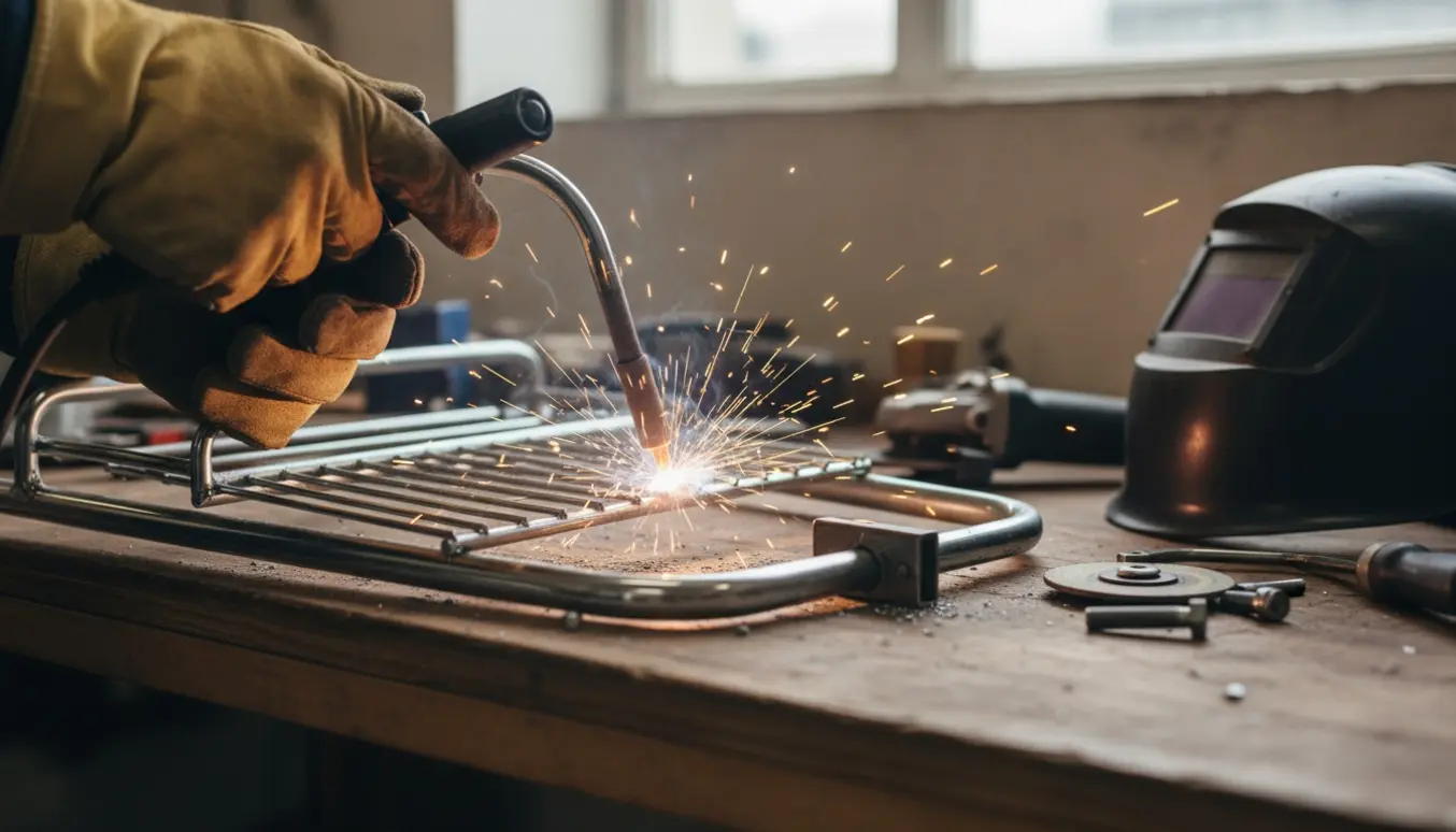 Nærbillede af svejsning af et lille brud på en indkøbsvogns metalstel i et værksted.