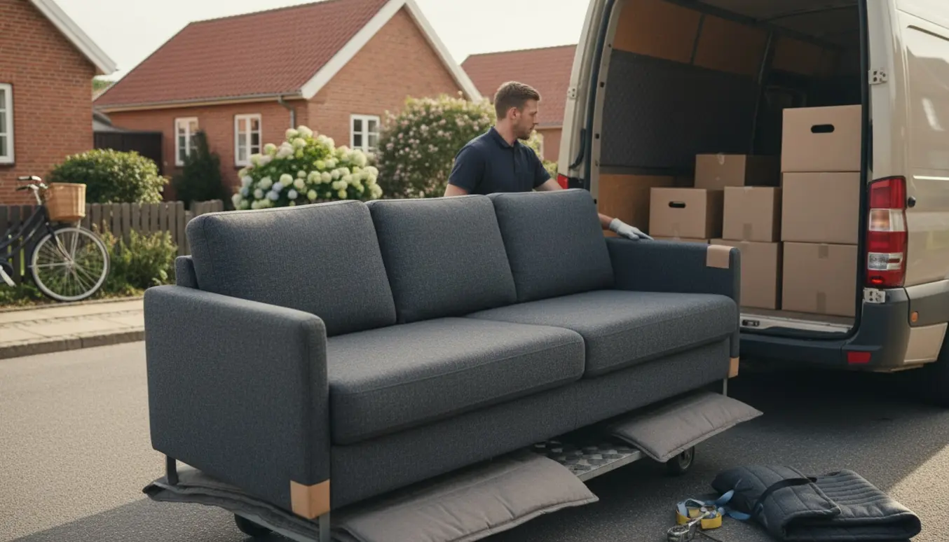 To flyttefolk løfter en lang sovesofa ind i en åben flyttebil foran et dansk parcelhus.