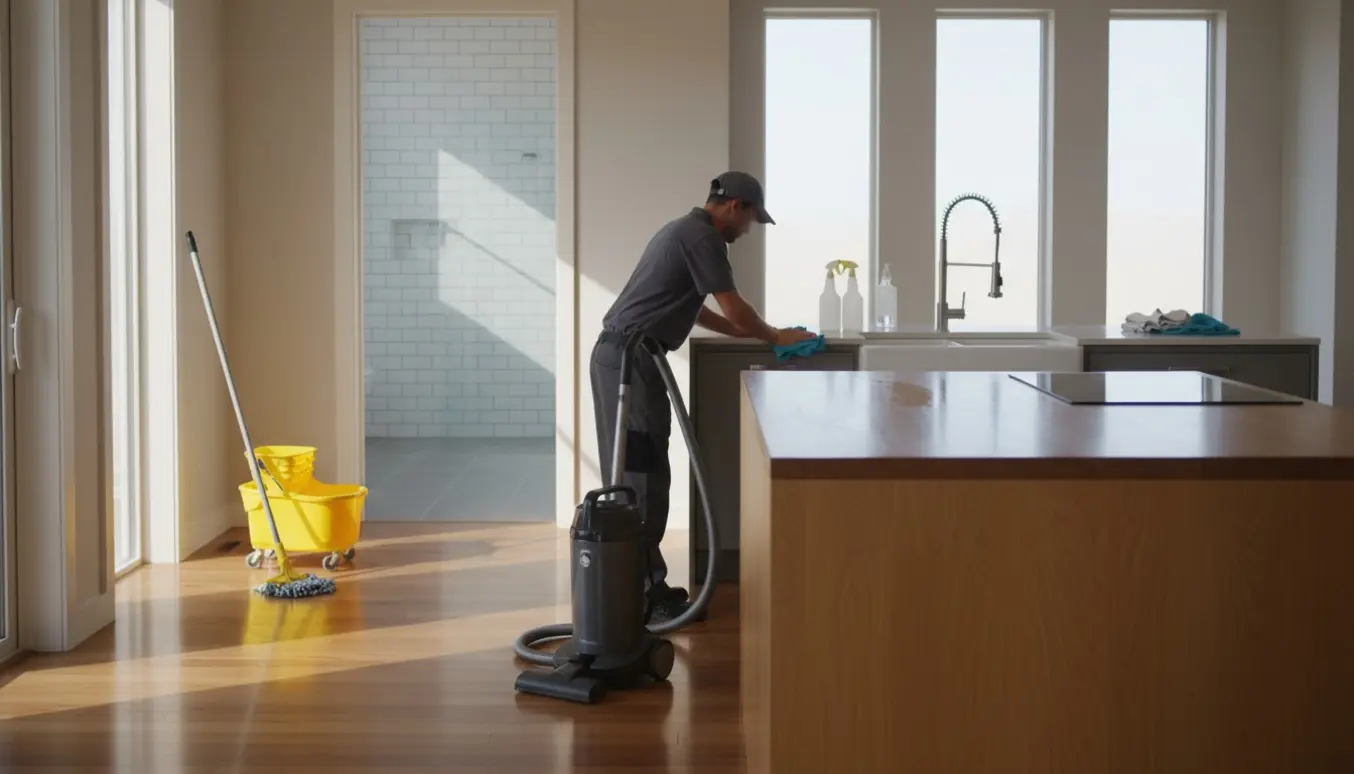 Rengøringshjælper set bagfra i et lyst køkkenalrum med støvsuger, moppe og rengøringsudstyr.