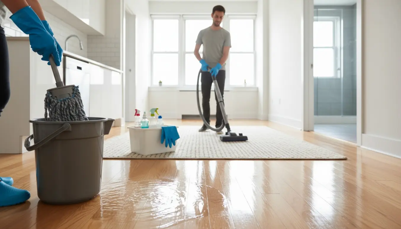 Engangsrengøring i lys lejlighed med støvsuger og moppe og skinnende gulve.